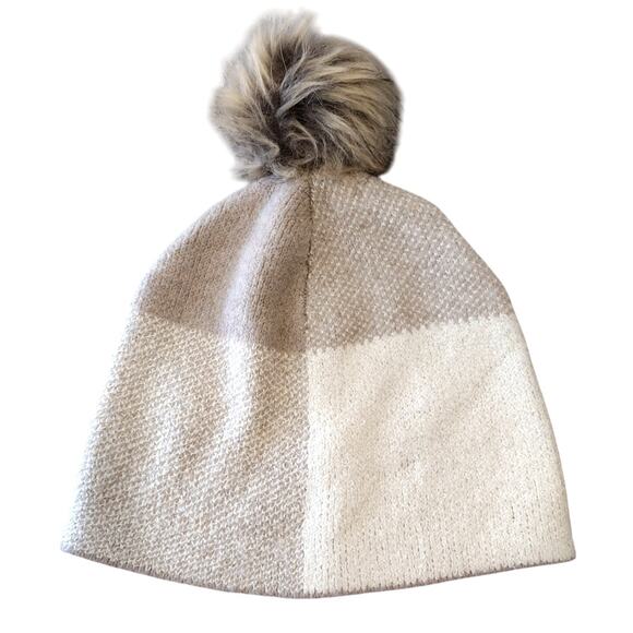 Christian Siriano | Beige & Cream Neutral Checked Plaid Faux Fur Pom Beanie Hat - Picture 1 of 10